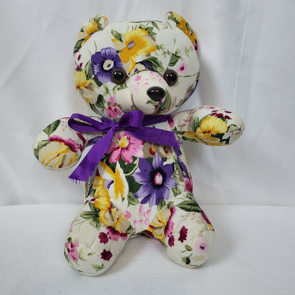 Milaca Mills White Purple Yellow Floral Canvas 10" Teddy Bear Plush Vintage 80s